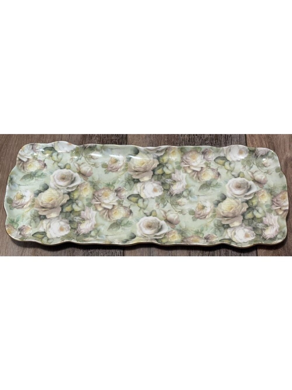 Formalities By Baum Bros Rectangular Floral Serving Tray With Gold Trim